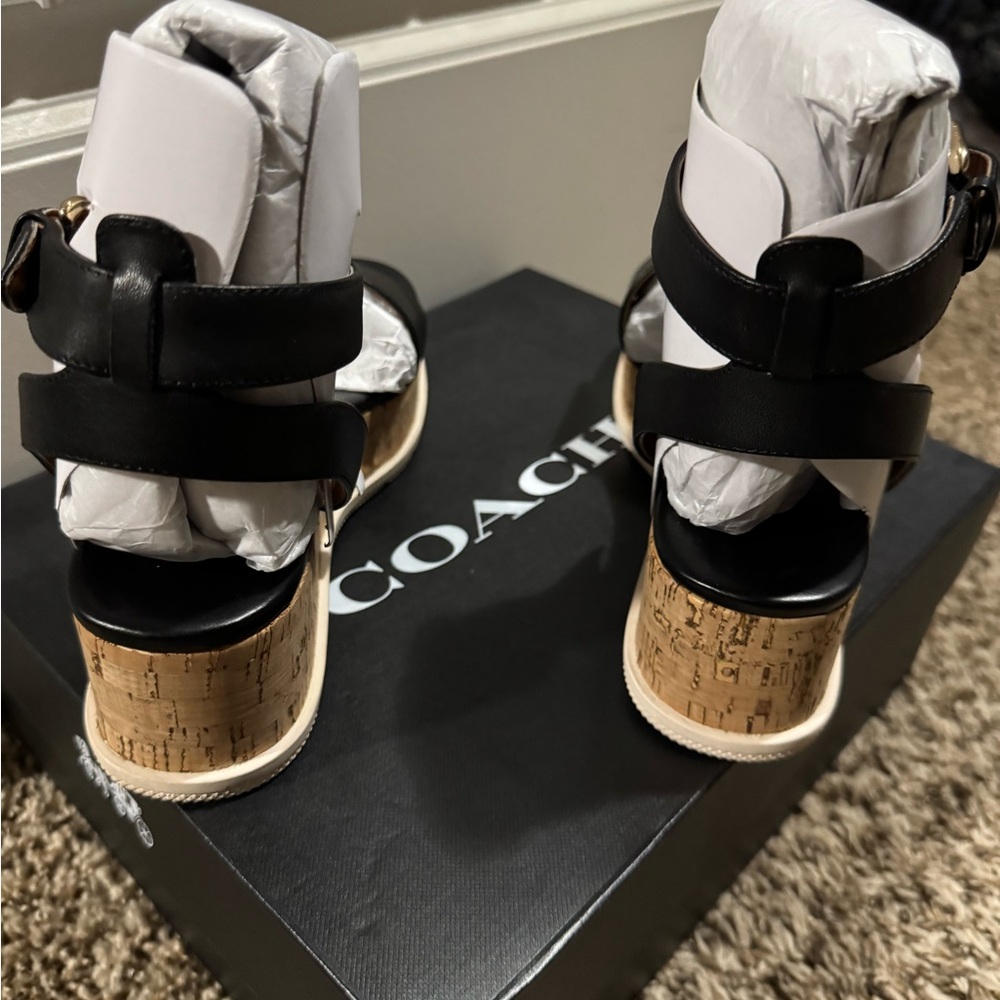 Coach Black Leather Ankle-Strap Platform Sandals with Gold Logo - Picture 3 of 5